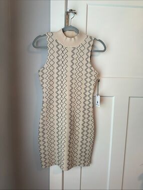 NWT FROM ANTHROPOLOGIE Sleeveless Cream Knit Dress with Black Wave Stitch Detail